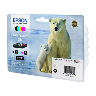 Epson Polar bear 26 Claria Premium Multipack 4-colours Ink, Standard Yield, Black, Cyan, Magenta, Yellow, Pigment-based ink, Dye-based ink, 6.2 ml, 4.5 ml