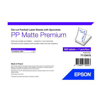 Epson PP Matte Label Premium, Die-cut Fanfold Sheets with Sprockets, 203mm x 305mm, 500 Labels, White, Self-adhesive printer label, Die-cut label, Fanfold, Inkjet, Acrylic