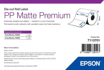 Epson PP Matte Label Premium, Die-cut Roll, 105mm x 152mm, 185 Labels, White, Self-adhesive printer label, Die-cut label, Roll, Inkjet, Acrylic