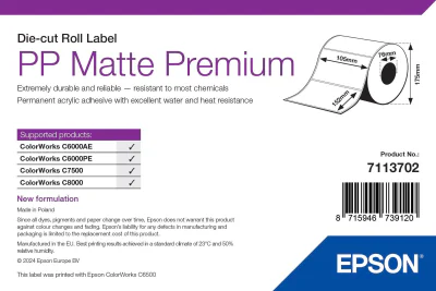 Epson PP Matte Label Premium, Die-cut Roll, 105mm x 152mm, 800 Labels, White, Self-adhesive printer label, Die-cut label, Roll, Inkjet, Acrylic