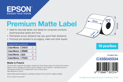 Epson Premium Matte Label - Die-cut Roll: 76mm x 51mm, 650 labels, White, Inkjet, Acrylic, Permanent, Matte, - Epson TM-C3400BK - Epson TM-C3400-LT - Epson ColorWorks C7500G - Epson ColorWorks C7500 -...