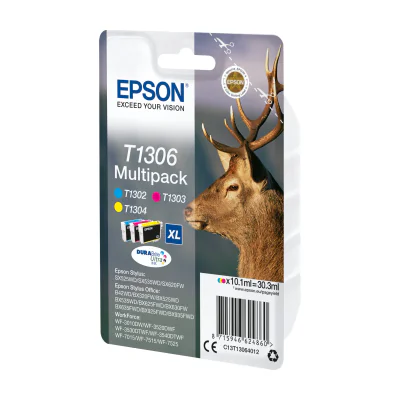 Epson Stag T1306 DURABrite Ultra Multipack 3-colours Ink, High (L) Yield, Cyan, Magenta, Yellow, Pigment-based ink, 10.1 ml, 1 pc(s), Multi pack