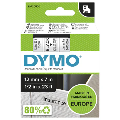 Etichete termice DYMO D1 Standard - Black on Transparent - 12mm