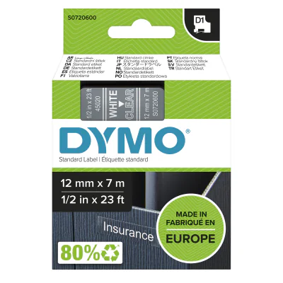 Etichete termice DYMO D1 Standard - White on Transparent - 12mm
