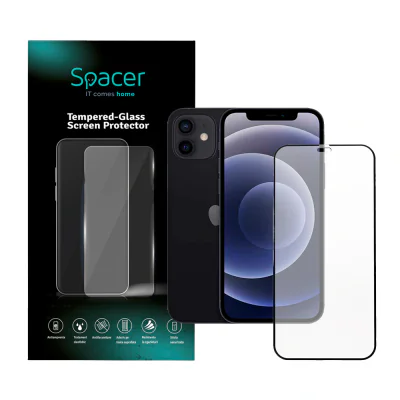FOLIE STICLA Spacer pentru Iphone 12 si 12 Pro, grosime 0.3mm, acoperire totala ecran, strat special anti-ulei si anti-amprenta, Tempered Glass, sticla 9D, duritate 9H "SPPG-AP-IP12-TG"