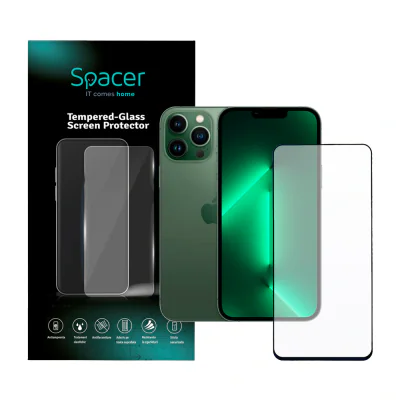 FOLIE STICLA Spacer pentru Iphone 13 Pro Max, grosime 0.3mm, acoperire totala ecran, strat special anti-ulei si anti-amprenta, Tempered Glass, sticla 9D, duritate 9H "SPPG-AP-IP13PM-TG"