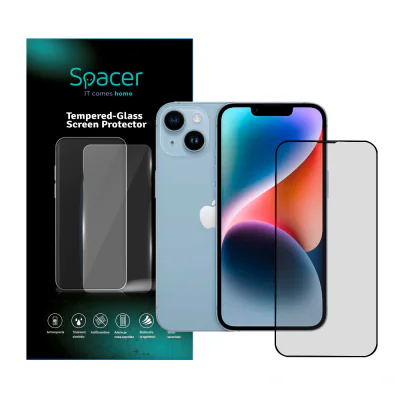 FOLIE STICLA Spacer pentru Iphone 14, grosime 0.3mm, acoperire totala ecran, strat special anti-ulei si anti-amprenta, Tempered Glass, sticla 9D, duritate 9H "SPPG-AP-IP14-TG"