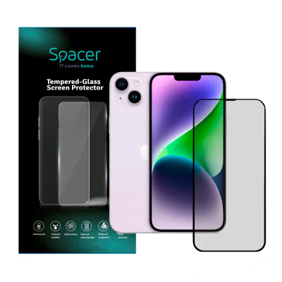 FOLIE STICLA Spacer pentru Iphone 14 Plus, grosime 0.3mm, acoperire totala ecran, strat special anti-ulei si anti-amprenta, Tempered Glass, sticla 9D, duritate 9H "SPPG-AP-IP14PL-TG"