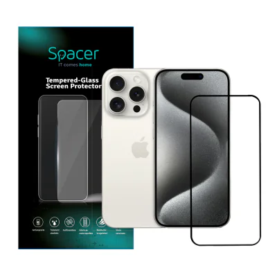 FOLIE STICLA Spacer pentru Iphone 15 Pro Max, grosime 0.3mm, acoperire totala ecran, strat special anti-ulei si anti-amprenta, Tempered Glass, sticla 9D, duritate 9H "SPPG-AP-IP15PM-TG"