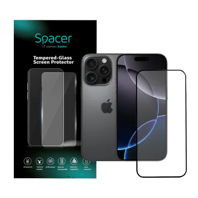 FOLIE STICLA Spacer pentru Iphone 16 Pro, grosime 0.3mm, acoperire totala ecran, strat special anti-ulei si anti-amprenta, Tempered Glass, sticla 9D, duritate 9H "SPPG-AP-IP16P-TG"