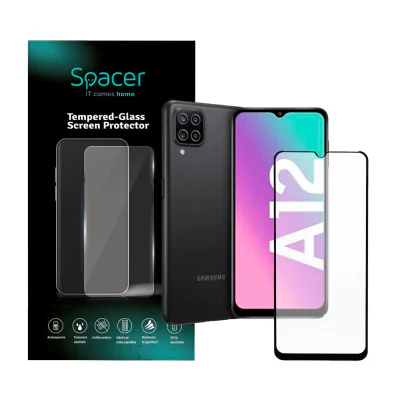 FOLIE STICLA Spacer pentru Samsung Galaxy A12, grosime 0.3mm, acoperire totala ecran, strat special anti-ulei si anti-amprenta, Tempered Glass, sticla 9D, duritate 9H "SPPG-SM-GX-A12-TG"