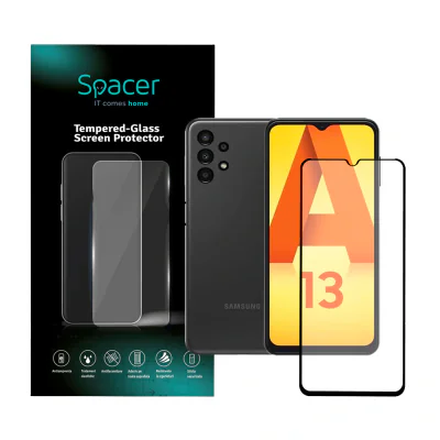 FOLIE STICLA Spacer pentru Samsung Galaxy A13, grosime 0.3mm, acoperire totala ecran, strat special anti-ulei si anti-amprenta, Tempered Glass, sticla 9D, duritate 9H "SPPG-SM-GX-A13-TG"