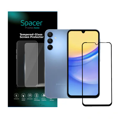 FOLIE STICLA Spacer pentru Samsung Galaxy A15, grosime 0.3mm, acoperire totala ecran, strat special anti-ulei si anti-amprenta, Tempered Glass, sticla 9D, duritate 9H "SPPG-SM-GX-A15-TG"