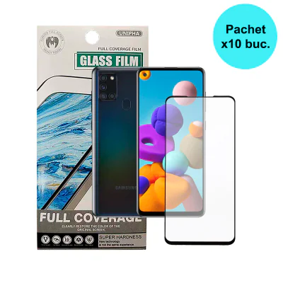 FOLIE STICLA Spacer pentru Samsung Galaxy A21S contine 10 bucati, grosime 0.3mm, acoperire totala ecran, strat special anti-ulei si anti-amprenta, Tempered Glass, sticla 9D, duritate 9H "SPPG-SM-GX-A21S-TG-10"