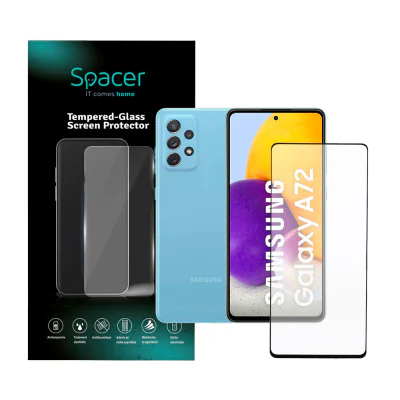 FOLIE STICLA Spacer pentru Samsung Galaxy A72, grosime 0.3mm, acoperire totala ecran, strat special anti-ulei si anti-amprenta, Tempered Glass, sticla 9D, duritate 9H "SPPG-SM-GX-A72-TG"