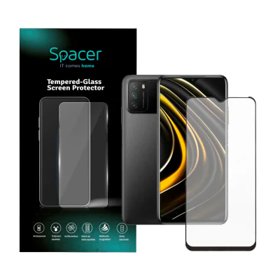 FOLIE STICLA Spacer pentru Xiaomi Pocophone M3, grosime 0.3mm, acoperire totala ecran, strat special anti-ulei si anti-amprenta, Tempered Glass, sticla 9D, duritate 9H "SSPPG-XI-PC-M3-TG"