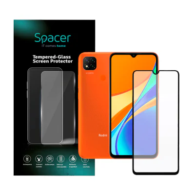 FOLIE STICLA Spacer pentru Xiaomi Redmi 9C, grosime 0.3mm, acoperire totala ecran, strat special anti-ulei si anti-amprenta, Tempered Glass, sticla 9D, duritate 9H "SPPG-XI-RM-9C-TG"