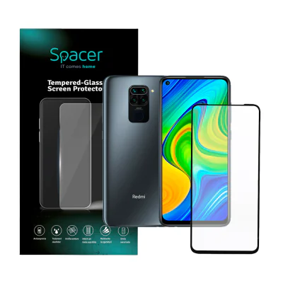 FOLIE STICLA Spacer pentru Xiaomi Redmi Note 9, grosime 0.3mm, acoperire totala ecran, strat special anti-ulei si anti-amprenta, Tempered Glass, sticla 9D, duritate 9H "SPPG-XI-RM-N9-TG"