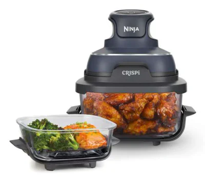 Friteuza cu aer cald Ninja CRISPi 4in1 FN101, PowerPod 1700W, 3.8L/1.4L, 2 recipiente sticla termorezistenta TempWare, 2 placi cu invelis ceramic Crisper Plate, 2 capace pentru depozitare (Albastru) "FN101EUGY"
