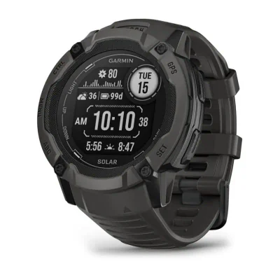 Garmin Instinct 2X Solar. Display diagonal: 2.79 cm (1.1"), Display technology: MIP, Display resolution: 176 x 176 pixels, Touchscreen. GPS (satellite). Weight: 67 g. Band material: Silicone, Band colour: Graphite, Band size: One Size