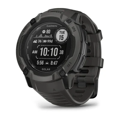 Garmin Instinct 2X Solar. Display diagonal: 2.79 cm (1.1"), Display technology: MIP, Display resolution: 176 x 176 pixels, Touchscreen. GPS (satellite). Weight: 67 g. Band material: Silicone, Band colour: Graphite, Band size: One Size