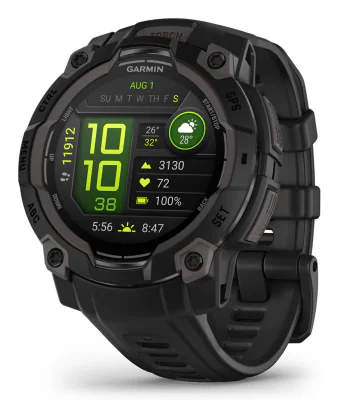 Garmin Instinct 3 AMOLED. Display diagonal: 3.05 cm (1.2"), Display technology: AMOLED, Display resolution: 390 x 390 pixels, Touchscreen. Flash memory: 4 GB. GPS (satellite). Weight: 53 g. Band material: Silicone, Band colour: Black