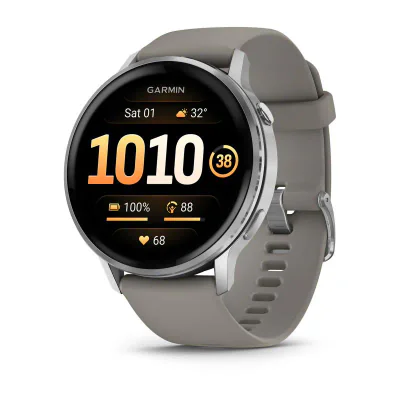 Garmin Venu 4. Display diagonal: 3.56 cm (1.4"), Display technology: AMOLED, Display resolution: 454 x 454 pixels, Touchscreen. Flash memory: 8 GB. Wi-Fi. GPS (satellite). Weight: 38 g. Band material: Silicone, Band colour: Grey, Silver