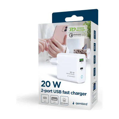 GEMBIRD 2-port 20W USB fast charger LED white