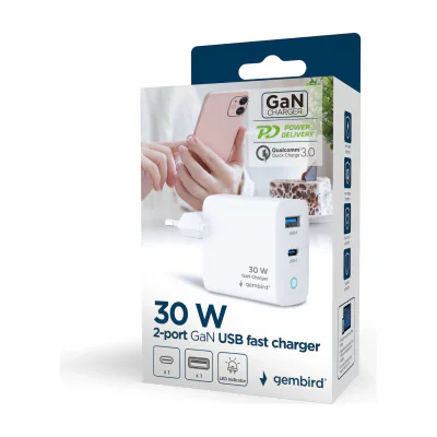 GEMBIRD 2-port 30W GaN USB fast charger USB Type-C + USB-A LED white