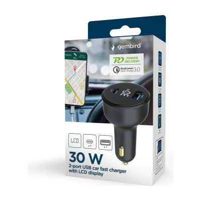 GEMBIRD 2-port USB car fast charger Type-C PD LCD 30 W black