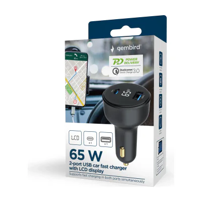 GEMBIRD 2-port USB car fast charger Type-C PD LCD 65 W black