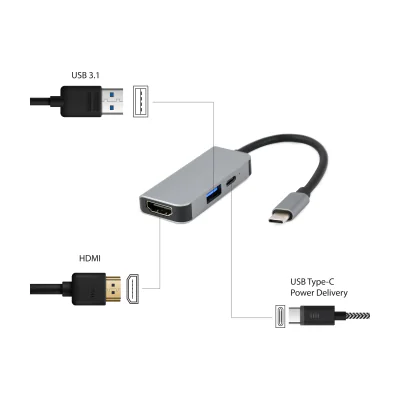 GEMBIRD A-CM-COMBO3-02 Multi Port Adapter USB type C 3in1 USB port + HDMI + PD silver