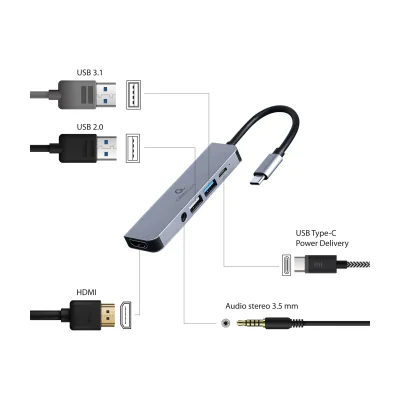 GEMBIRD A-CM-COMBO5-02 Multi Port Adapter USB Type C 5in1 Hub + HDMI + PD + stereo audio