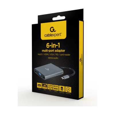 GEMBIRD A-CM-COMBO6-01 Multi Port Adapter USB Type C 6in1 Hub3.1 HDMI VGA PD card reader stereo audio space grey