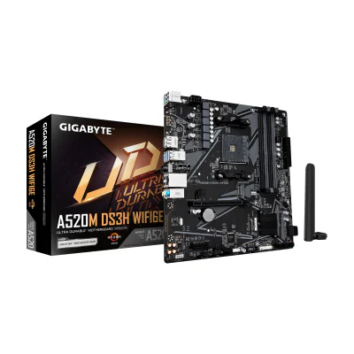 GIGABYTE A520M DS3H WIFI6E Motherboard - Supports AMD Ryzen 5000 Series AM4 CPUs, up to 4733MHz DDR4 (OC), 1xPCIe 3.0 M.2, WIFI 6E, GbE LAN, USB 3.2 Gen 1, AMD, Socket AM4, AMD Ryzen 3000 Series, AMD Ryzen 5000 Series, AMD Ryzen 4000 Series, Socket AM4, DDR4-SDRAM, 128 GB