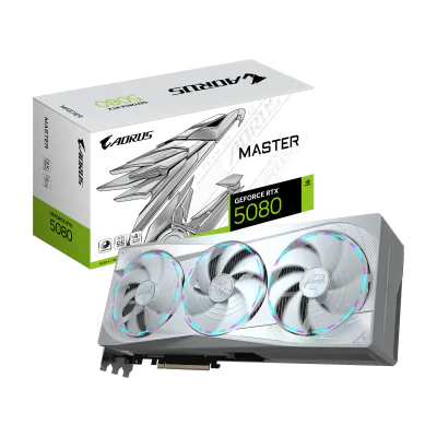 GIGABYTE AORUS GeForce RTX 5080 MASTER ICE 16G Graphics Card - 16GB GDDR7, 256bit, PCI-E 5.0, 2805MHz Core Clock, 3 x DP 2.1a, 1 x HDMI 2.1b, NVIDIA DLSS 4, GV-N5080AORUSM ICE-16GD, GeForce RTX 5080, 16 GB, GDDR7, 256 bit, 7680 x 4320 pixels, PCI Express x16 5.0