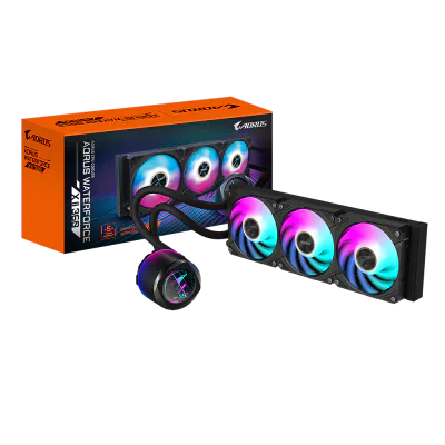 GIGABYTE AORUS WATERFORCE X II 360. Type: All-in-one liquid cooler, Fan diameter: 12 cm, Maximum air pressure: 3.15 mmH2O. Product colour: Black