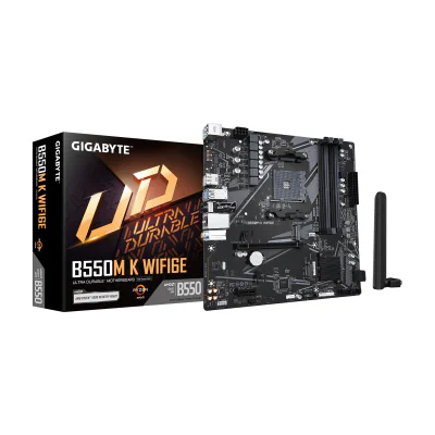 GIGABYTE B550M K WIFI6E Motherboard - AMD Ryzen 5000 CPUs, up to 4733MHz DDR4, 1xPCIe 4.0 + 1xPCIe 3.0 M.2, WIFI 6E, 1GbE LAN, USB 3.2 Gen 1, AMD, Socket AM4, AMD Ryzen 3000 Series, AMD Ryzen 4000 Series, AMD Ryzen 5000 Series, Socket AM4, DDR4-SDRAM, 128 GB