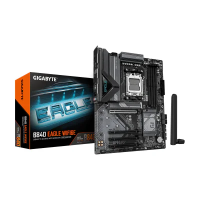 GIGABYTE B840 EAGLE WIFI6E Motherboard - AMD Ryzen 9000 CPUs, 8+2+2 Phases VRM, up to 8200MHz DDR5(O.C), 2xPCIe 4.0 + 1xPCIe 3.0 M.2, Wi-Fi 6E, 2.5GbE LAN, USB 3.2 Gen 2, AMD, Socket AM5, AMD Ryzen 7000 Series, AMD Ryzen 8000 Series, AMD Ryzen 9000 Series, Socket AM5, DDR5-SDRAM, 256 GB