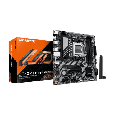 GIGABYTE B840M D3HP WIFI6E Motherboard - AMD Ryzen 9000 CPUs, 8+2+2 Phases VRM, up to 8200MHz DDR5(O.C), 2xPCIe 4.0 M.2, Wi-Fi 6E, 1GbE LAN, USB 3.2 Gen 2, AMD, Socket AM5, AMD Ryzen 7000 Series, AMD Ryzen 8000 Series, AMD Ryzen 9000 Series, Socket AM5, DDR5-SDRAM, 256 GB