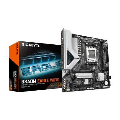 GIGABYTE B840M EAGLE WIFI6 Motherboard - AMD Ryzen 9000 CPUs, 5+2+2 Phases VRM, up to 7600MHz DDR5(O.C), 1xPCIe 4.0 + 1xPCIe 3.0 M.2, Wi-Fi 6, 2.5GbE LAN, USB 3.2 Gen 1, AMD, Socket AM5, AMD Ryzen 7000 Series, AMD Ryzen 8000 Series, AMD Ryzen 9000 Series, Socket AM5, DDR5-SDRAM, 128 GB