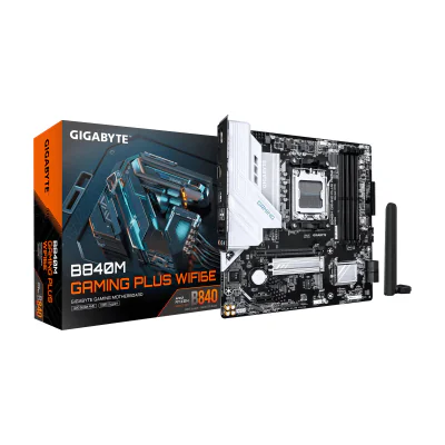 GIGABYTE B840M GAMING PLUS WIFI6E Motherboard - AMD Ryzen 9000 CPUs, 8+2+2 Phases VRM, up to 8200MHz DDR5(O.C), 2xPCIe 4.0 M.2, Wi-Fi 6E, 1GbE LAN, USB 3.2 Gen 2, AMD, Socket AM5, AMD Ryzen 7000 Series, AMD Ryzen 8000 Series, AMD Ryzen 9000 Series, Socket AM5, DDR5-SDRAM, 256 GB