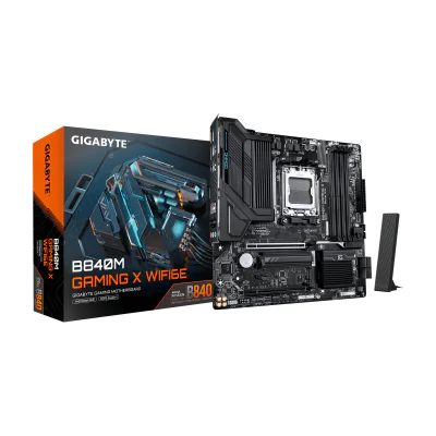 GIGABYTE B840M GAMING X WIFI6E Motherboard - AMD Ryzen 9000 CPUs, 8+2+2 Phases VRM, up to 8200MHz DDR5(O.C), 2xPCIe 4.0 M.2, Wi-Fi 6E, 2.5GbE LAN, USB 3.2 Gen 1, AMD, Socket AM5, AMD Ryzen 7000 Series, AMD Ryzen 8000 Series, AMD Ryzen 9000 Series, Socket AM5, DDR5-SDRAM, 256 GB