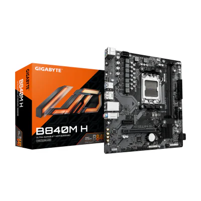 GIGABYTE B840M H Motherboard - AMD Ryzen 9000 CPUs, 5+2+2 Phases VRM, up to 7200MHz DDR5 (OC), 1xPCIe 4.0 M.2, 1GbE LAN, USB 3.2 Gen 1, AMD, Socket AM5, AMD Ryzen 7000 Series, AMD Ryzen 8000 Series, AMD Ryzen 9000 Series, Socket AM5, DDR5-SDRAM, 128 GB