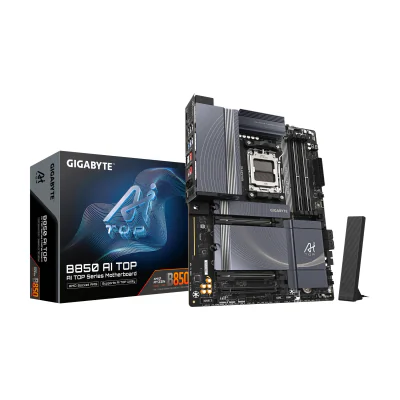 GIGABYTE B850 AI TOP Motherboard - AMD Ryzen 9000 Series CPUs, 16+2+2 Phases Digital VRM, up to 8600MHz DDR5 (OC), 2xPCIe 5.0 + 1xPCIe 4.0 M.2, 10 LAN, WIFI 7, USB 3.2 Gen 2x2, AMD, Socket AM5, AMD Ryzen 7000 Series, AMD Ryzen 8000 Series, AMD Ryzen 9000 Series, Socket AM5, DDR5-SDRAM, 256 GB