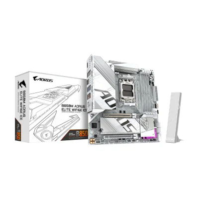 GIGABYTE B850M AORUS ELITE WIFI6E ICE Motherboard- AMD Ryzen 9000 Series CPUs, 12+2+1 Phases Digital VRM, up to 8200MHz DDR5 (OC), 1xPCIe 5.0 + 1xPCIe 4.0 M.2, 2.5LAN, WIFI 7, USB 3.2 Gen 2, AMD, Socket AM5, AMD Ryzen 7000 Series, AMD Ryzen 8000 Series, AMD Ryzen 9000 Series, Socket AM5, DDR5-SDRAM, 256 GB