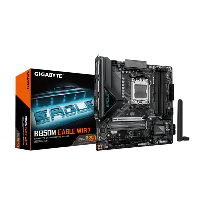 GIGABYTE B850M EAGLE WIFI7 Motherboard - AMD Ryzen 9000 Series CPUs, 8+2+2 Phases Digital VRM, up to 8200MHz DDR5 (O.C.), 1xPCIe 5.0 + 1xPCIe 4.0 M.2, WIFI 7, 2.5 GbE LAN, USB 3.2 Gen 2, AMD, Socket AM5, AMD Ryzen 7000 Series, AMD Ryzen 8000 Series, AMD Ryzen 9000 Series, Socket AM5, DDR5-SDRAM, 256 GB