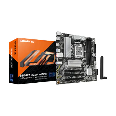 GIGABYTE B860M DS3H WIFI6E Motherboard - Intel Core Ultra Series CPUs, 5+1+2+1 Phases VRM, up to 9066MHz DDR5, 1xPCIe 5.0 + 1xPCIe 4.0 M.2, 2.5GbE LAN, WIFI 6E, USB 3.2 Gen 2, Intel, LGA 1851 (Socket V1), Intel® Core™ Ultra (Series 1), Intel Core Ultra (Series 2), LGA 1851, DDR5-SDRAM, 256 GB