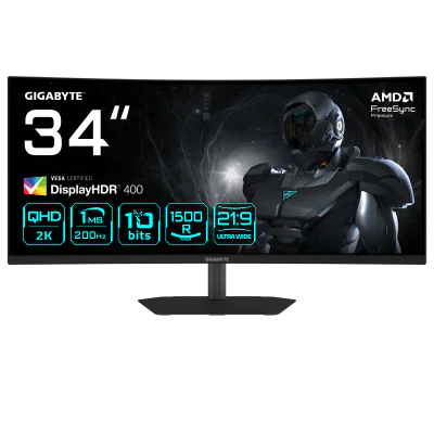 GIGABYTE G34WQC2 34” WQHD Curved Gaming Monitor - 3440 x 1440, 1500R, 200Hz, 1ms, 450 cd/m2, AMD FreeSync Premium, DisplayHDR 400, HDMI 2.0, Displayport 1.4. Display diagonal: 86.4 cm (34"), Display resolution: 3440 x 1440 pixels, HD type: UltraWide 