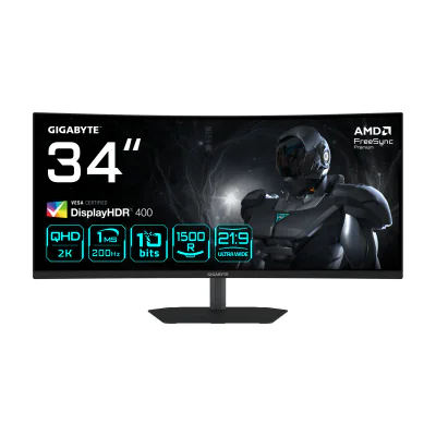GIGABYTE G34WQC2 34” WQHD Curved Gaming Monitor - 3440 x 1440, 1500R, 200Hz, 1ms, 450 cd/m2, AMD FreeSync Premium, DisplayHDR 400, HDMI 2.0, Displayport 1.4, 86.4 cm (34"), 3440 x 1440 pixels, UltraWide Quad HD, LED, 1 ms, Black